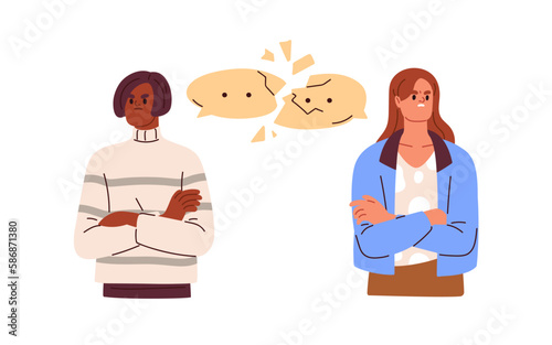 Women friends after quarrel. Conflict, misunderstanding, disagreement between two offended girls. Miscommunication, relationship breakup concept. Flat vector illustration isolated on white background