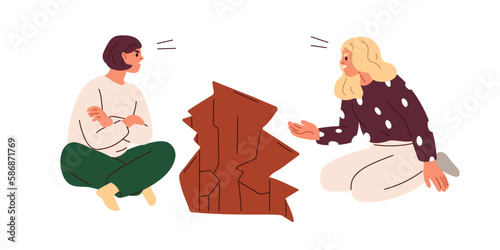 People quarrel, argue. Conflict, misunderstanding in difficult relationship. Communication barrier, miscommunication, disagreement concept. Flat vector illustration isolated on white background