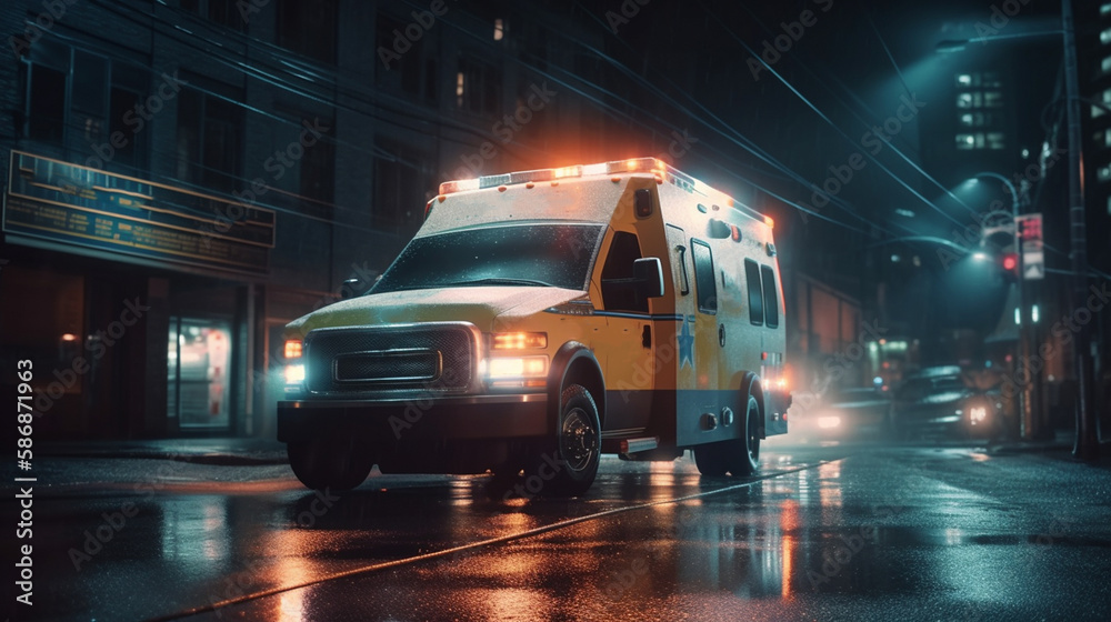 Ambulance car on the road at night. Generative Ai