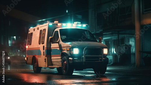 Ambulance car on the road at night. Generative Ai