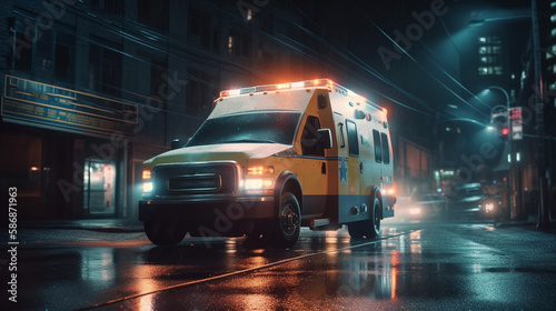 Ambulance car on the road at night. Generative Ai