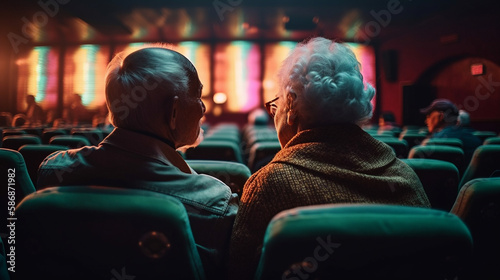 Elderly couple watching movie in cinema. Generative Ai
