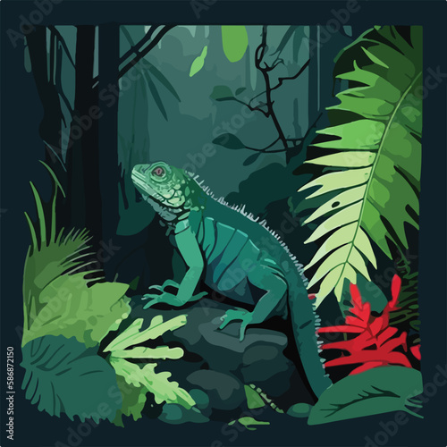 Green iguana in the lush undergrowth of the rainforest. Tropical rainforest reptiles animals. Flat vector illustration concept. Generative AI
