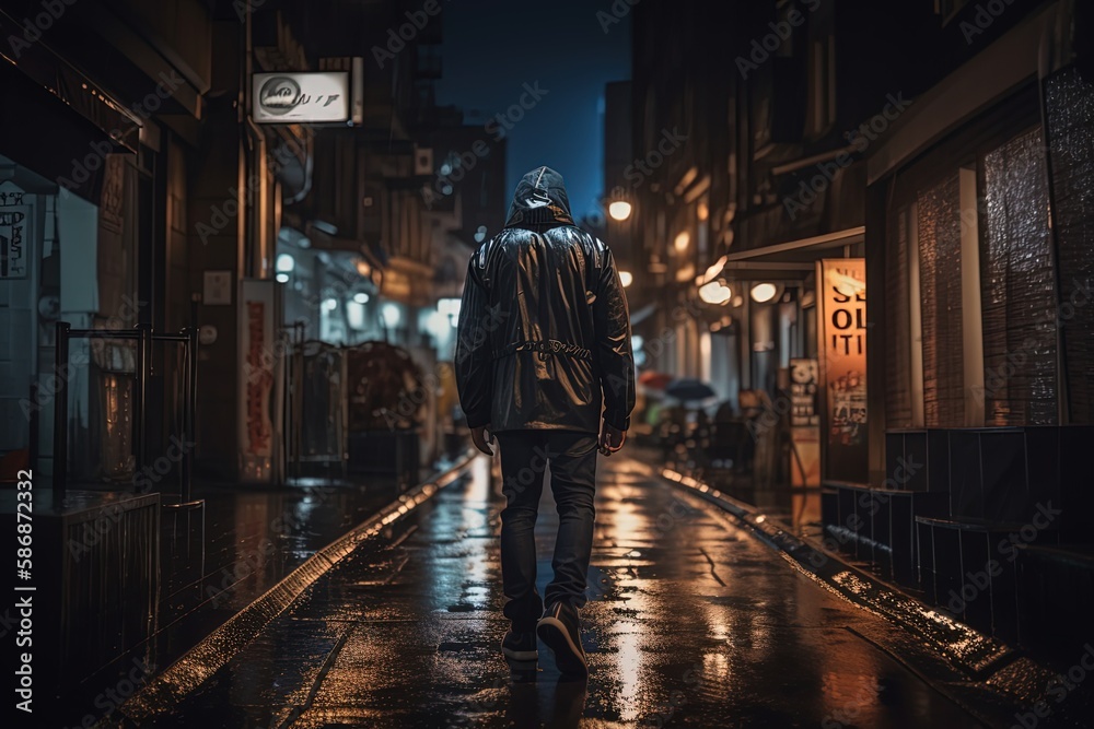 a man wearing black hood jacket walking on cold street in raining time,  generative Ai