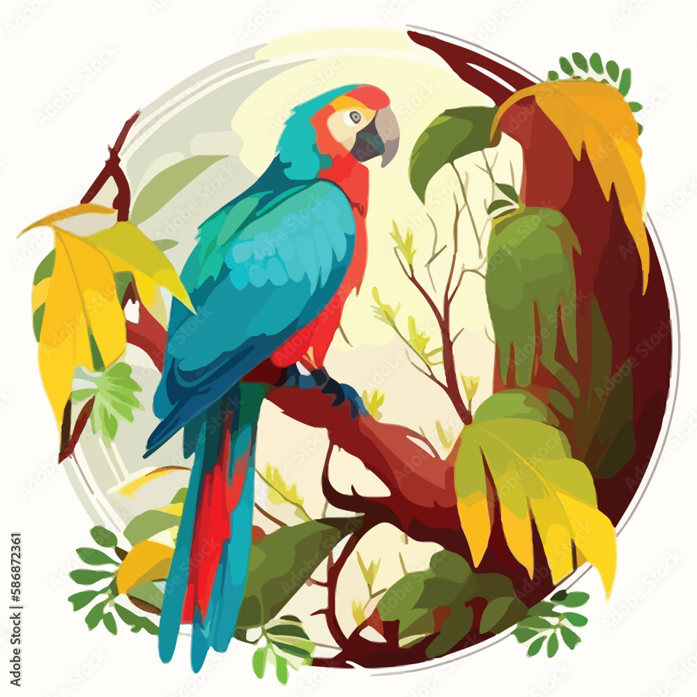 Parrot macaw in the branches of a tree in the rainforest. Tropical rainforest birds and animals. Flat vector illustration concept. Generative AI