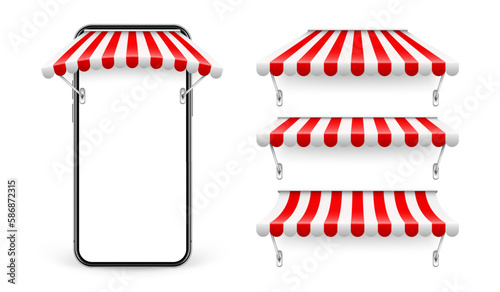 Smartphone with shop sunshade and metal mount, online internet shopping. Realistic red striped cafe awning. Outdoor market tent. Roof canopy. Summer street store. Vector illustration