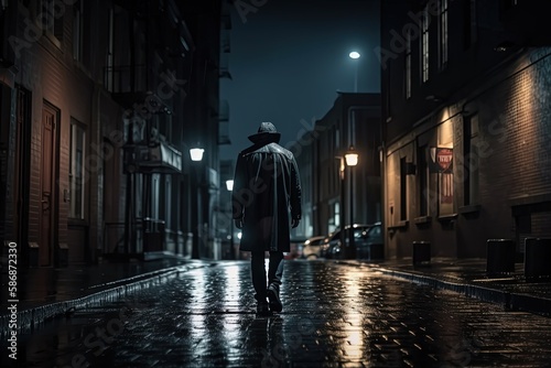 a man wearing black hood jacket walking on cold street in raining time   generative Ai