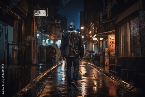 a man wearing black hood jacket walking on cold street in raining time,  generative Ai