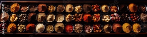 A vast array of different spices. Top view set of species colorfully food photo style by generative ai