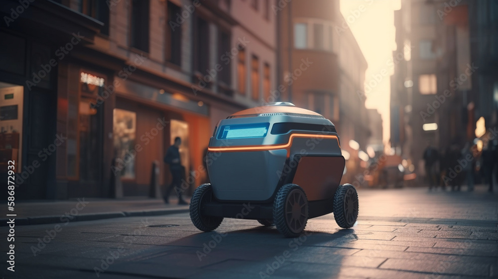 Delivery robot on a city street. Generative Ai Delivery robot on a city street. Generative Ai