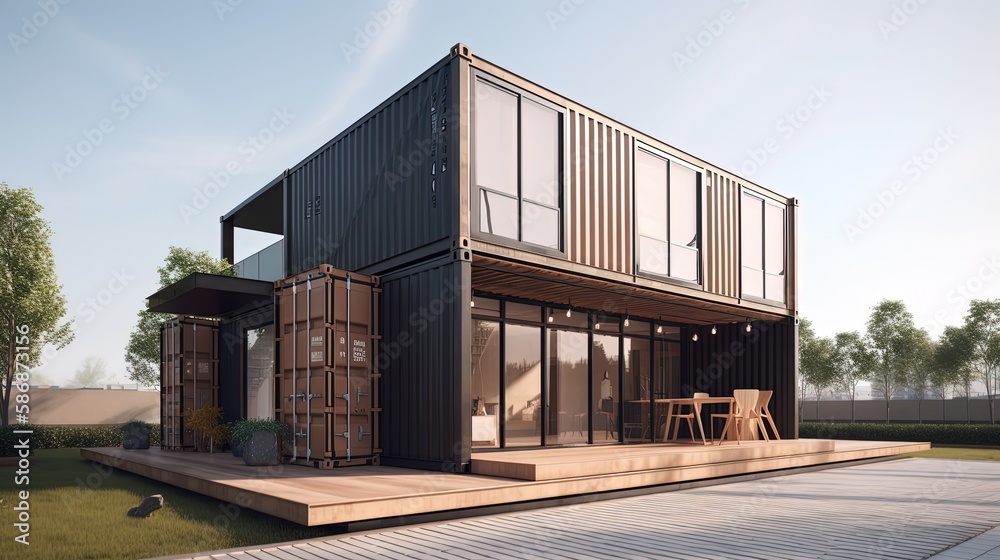 Obraz premium concept of sustainability and recycle , container box remake as restaurant, office or house or hotel, landscape of natural green as background, Generative Ai