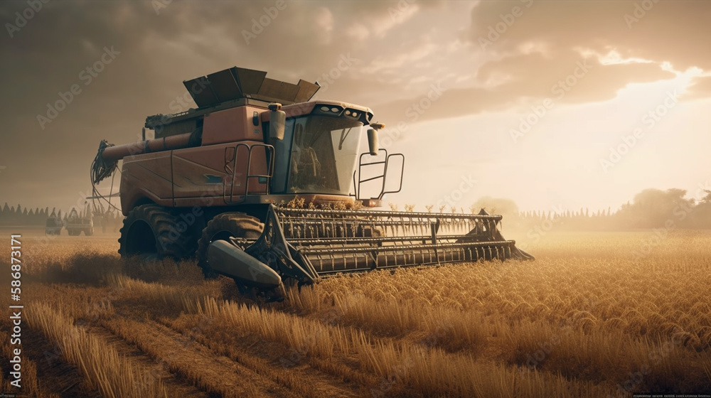 Fototapeta premium Combine harvester working on a wheat field. Generative Ai