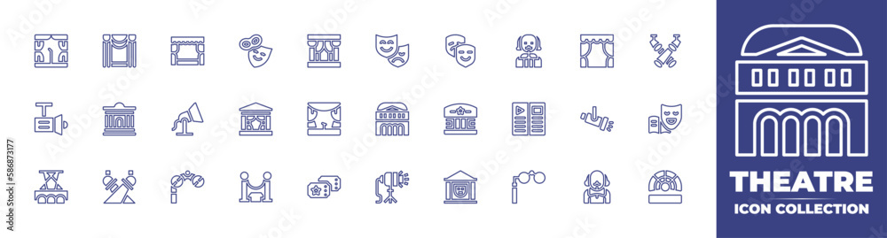 Theatre line icon collection. Editable stroke. Vector illustration. Containing stage, theatre, theatre mask, theater, mask, shakespeare, curtains, spotlight, scriptwriter, drama, lighting, and more.