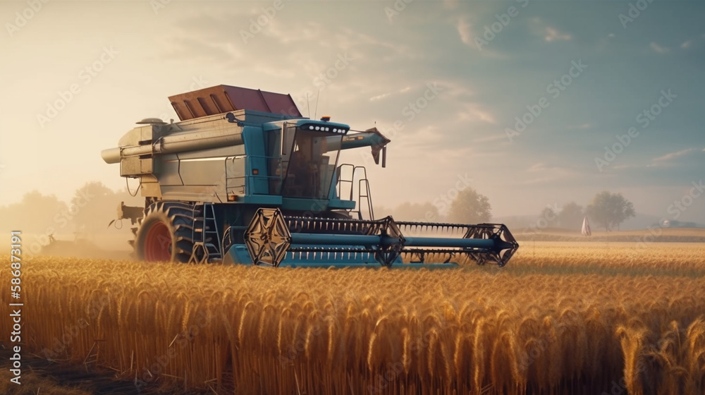 Fototapeta premium Combine harvester working on a wheat field. Generative Ai