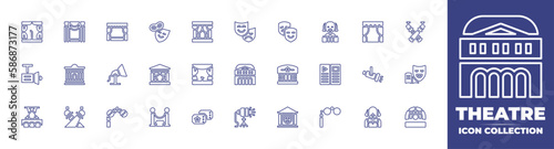 Theatre line icon collection. Editable stroke. Vector illustration. Containing stage, theatre, theatre mask, theater, mask, shakespeare, curtains, spotlight, scriptwriter, drama, lighting, and more.