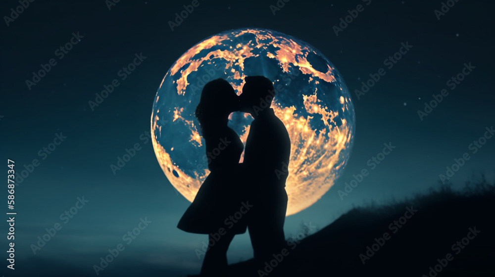 Couple kissing on the background of the full moon. Generative Ai