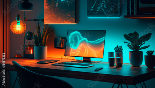 A home office setup with computer on desk and houseplants, dark room with neon lights, generative ai