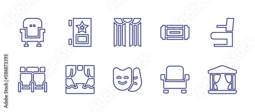 Theatre line icon set. Editable stroke. Vector illustration. Containing seat, door, curtain, cinema, chairs, chair, scene, theater, comfortable.