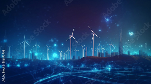 Landscape with Turbine Green Energy Electricity, Windmill for electric power production, Wind turbines generating electricity. Generative AI.