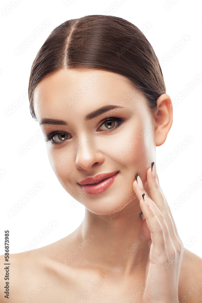 Portrait of attractive girl with healthy clean skin and beautiful make-up. Aesthetic cosmetology and makeup concept.
