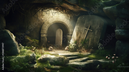 Jesus Christ risen  tomb  easter scene created using Generative AI