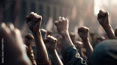 Many hands raised up in the air during a protest or demonstration. Generative Ai