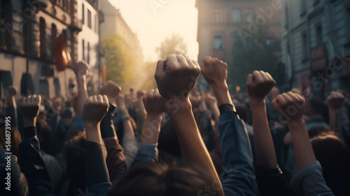 Many hands raised up in the air during a protest or demonstration. Generative Ai photo