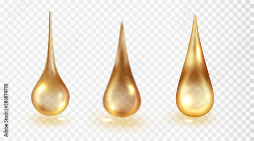 Drops of cosmetic liquid of various shapes.Transparent drops in yellow colors. Realistic collagen, serum, gel clear droplet.