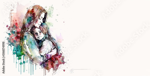Mother s day - illustration of mom and daughter hugging each other with copy space for text  Generative ai.