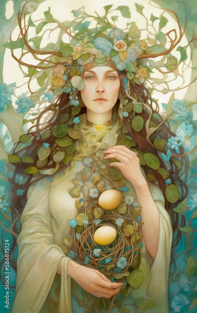 Spirit of Ostara, a woman surrounded with spring flowers and eggs representing Spring Equinox. Generative AI - obrazy, fototapety, plakaty 