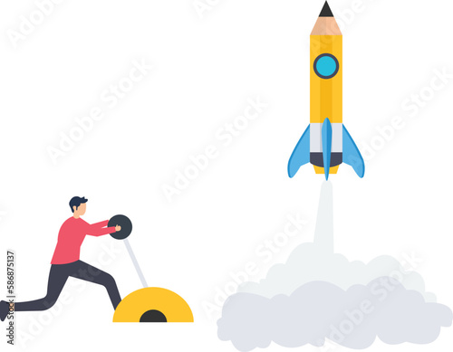 Launch new project, Pencil rocket launch, creativity or fun idea, creative or imagination, launch new project, business improvement concept
