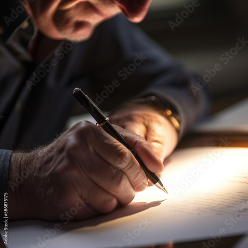 Man writing on a document with a pen, focused, generative AI