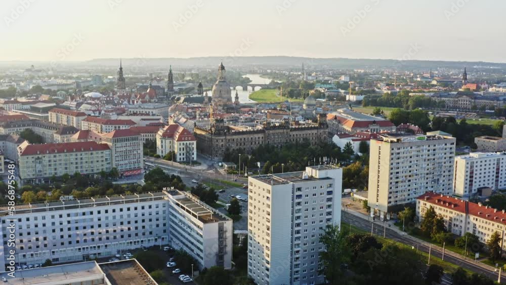 Aerial flight over the beautiful old city of Dresden with a view of the church of our lady. Drone move up Aerial flight over the beautiful old city of Dresden with a view of the church of our lady. Drone move up