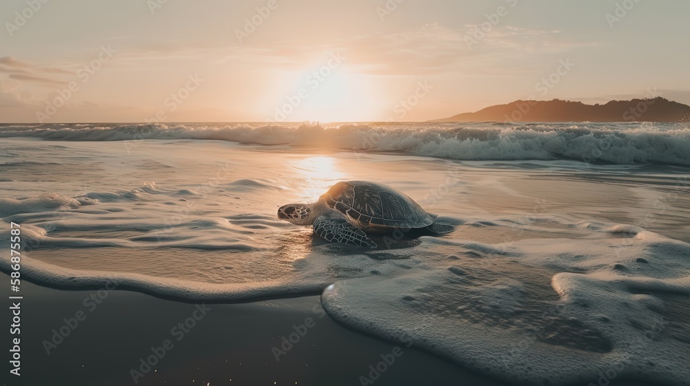 sea turtle on beach win sunlight during sunset, Generative Ai