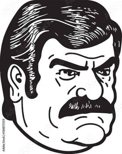 Vintage man with mustache in the style of the 60s young man. Retro comics black and white ink drawing, American cartoon advertising illustration.