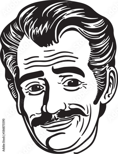 Vintage man with mustache in the style of the 60s young man. Retro comics black and white ink drawing, American cartoon advertising illustration.