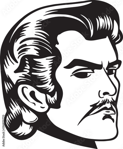 Vintage man with mustache in the style of the 60s young man. Retro comics black and white ink drawing, American cartoon advertising illustration.