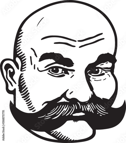 Vintage man with mustache in the style of the 60s young man. Retro comics black and white ink drawing, American cartoon advertising illustration.