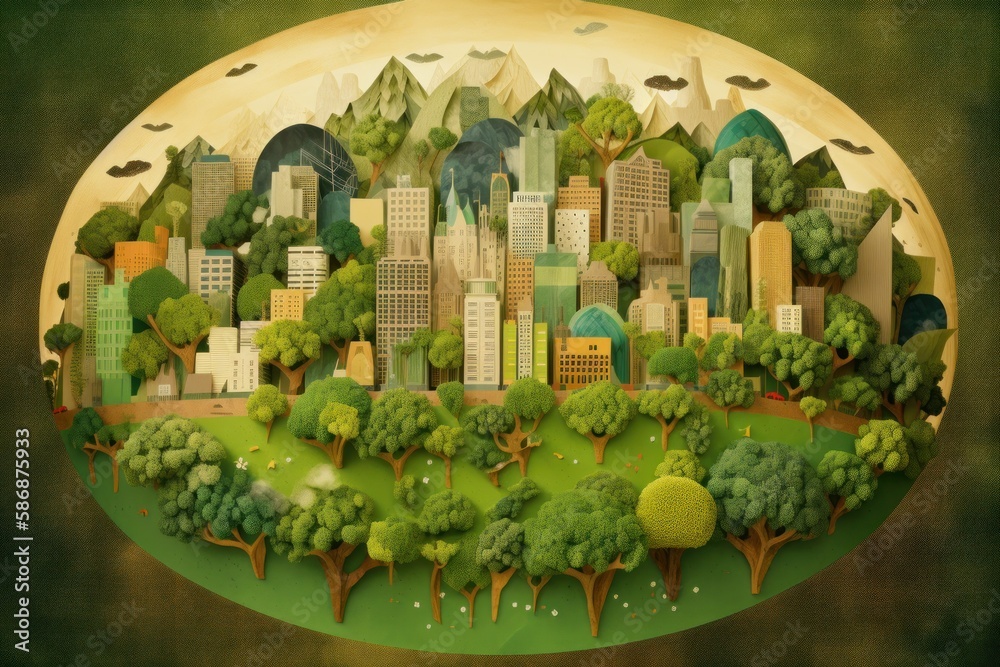 Illustration of Cityscape and Forest on Earth Day with Children Playing
