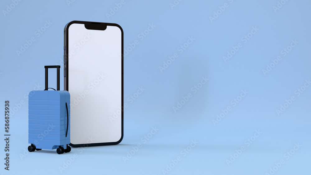 Travel and mobile booking concept with blank white smartphone screen with place, blue suitcase. 3D rendering, mockup. Travel and mobile booking concept with blank white smartphone screen with place, blue suitcase. 3D rendering, mockup.