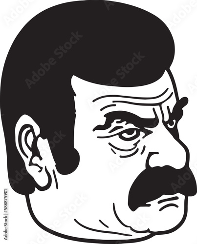 Vintage man with mustache in the style of the 60s young man. Retro comics black and white ink drawing, American cartoon advertising illustration.