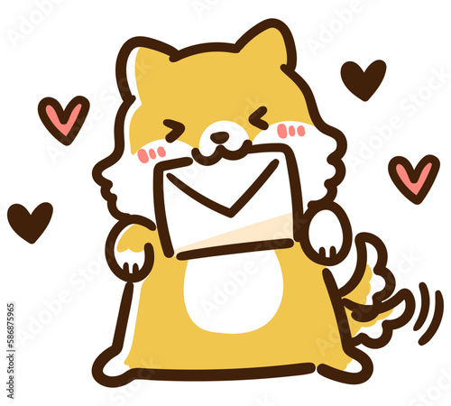 ラブレターを口に咥えるかわいい柴犬のキャラクターの手書き風イラスト
