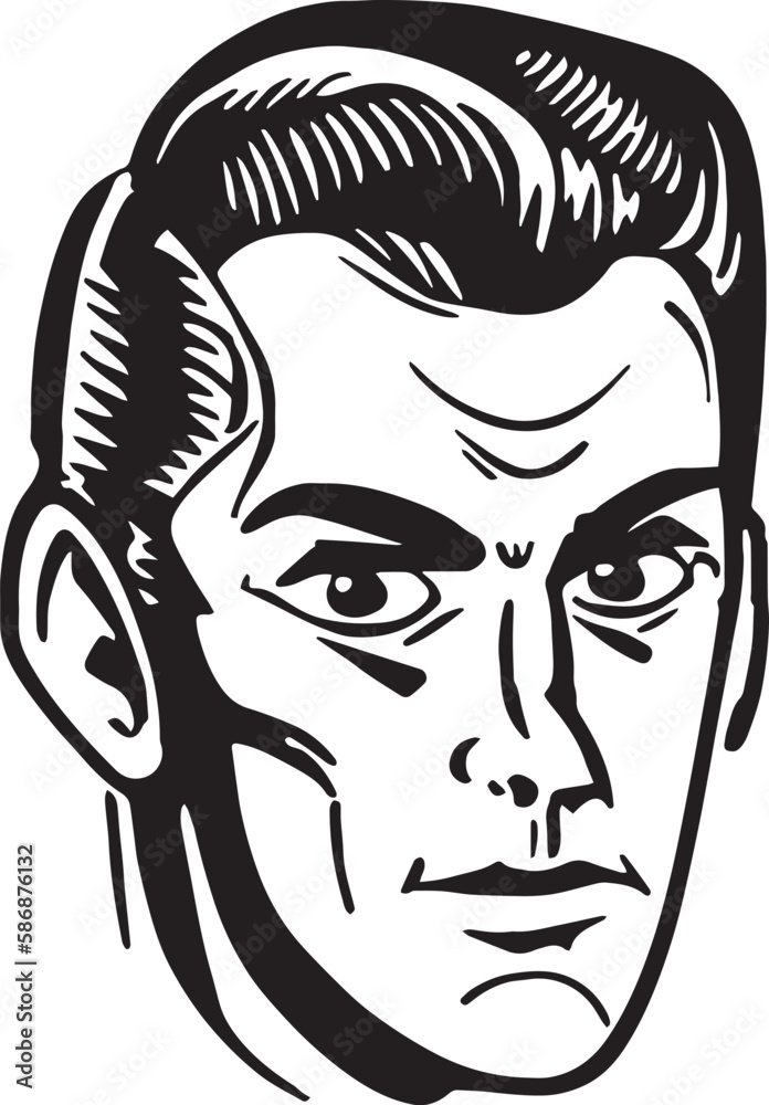 Vintage man 60s style young man . Retro comics black and white ink drawing, American cartoon advertising illustration.