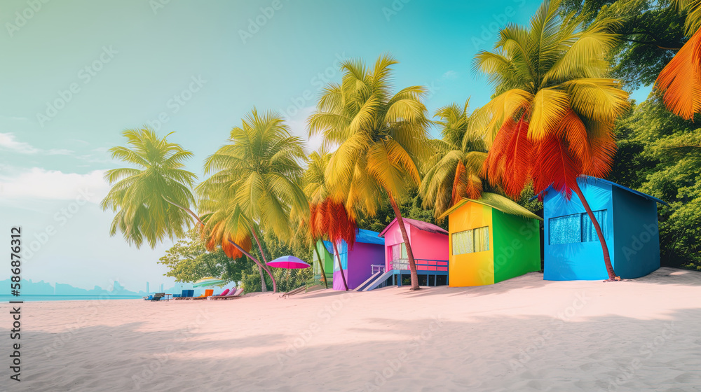 Obraz premium Multicolored beach houses in a tropical setting with palm trees