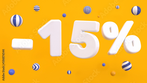 White 15 percent surrounded by striped balls on a yellow background. Discounts, shopping, online sales. 3D rendering.