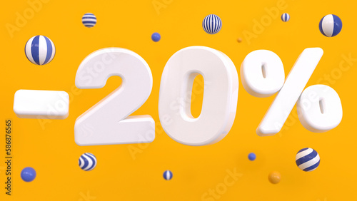 White 20 percent surrounded by striped balls on a yellow background. Discounts, shopping, online sales. 3D rendering.
