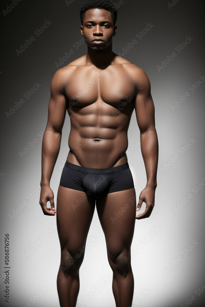 Muscular young man in a black underwear is posing for a photo.