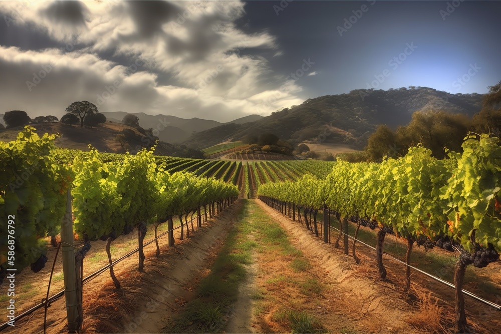Beautiful vineyard in the countryside at sunset around hills and mountains. Generative AI