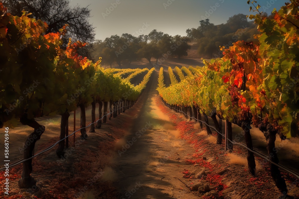 Naklejka premium Beautiful vineyard in the countryside at sunset around hills and mountains. Generative AI