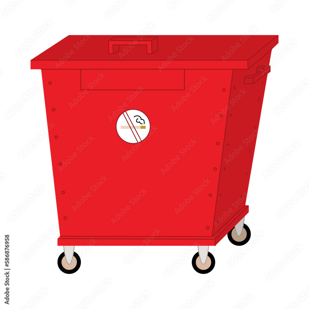 Red Metal waste container on wheels. Containers for waste disposal. Garbage bins. Design for waste collection companies. City cleaning. Flat style in vector illustration. Isolated objects.
